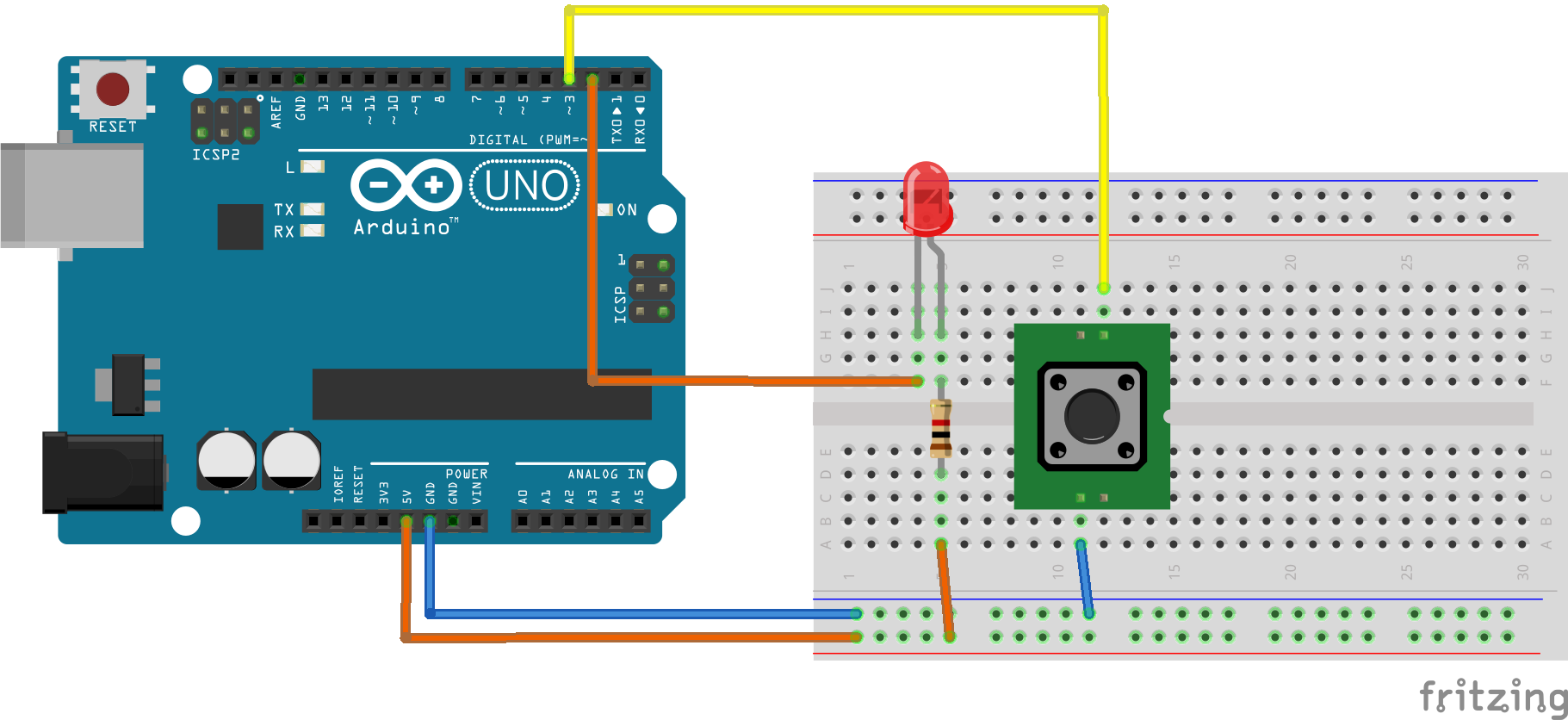 LED-Button breadboard schakeling